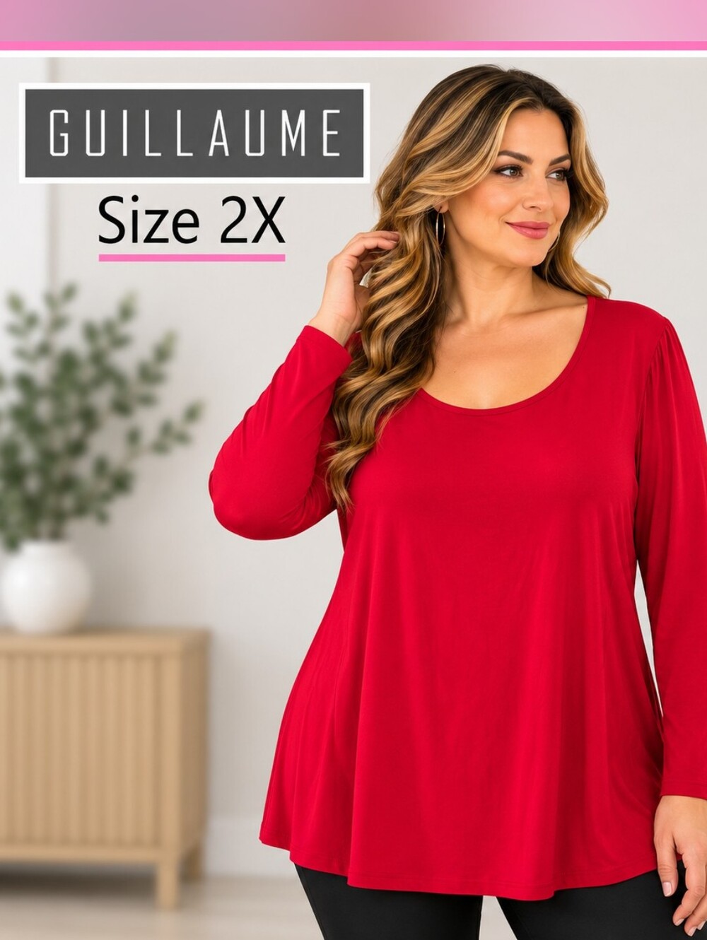 Guillaume Size 2X Red Long Sleeve Scoop Neck Top